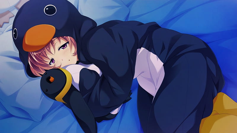Penguin Girl, Sleepy, Anime, Purple Hair, Laying Down, Stuffed Penguin, Penguin Costume, Anime Girl, Blushing, HD wallpaper