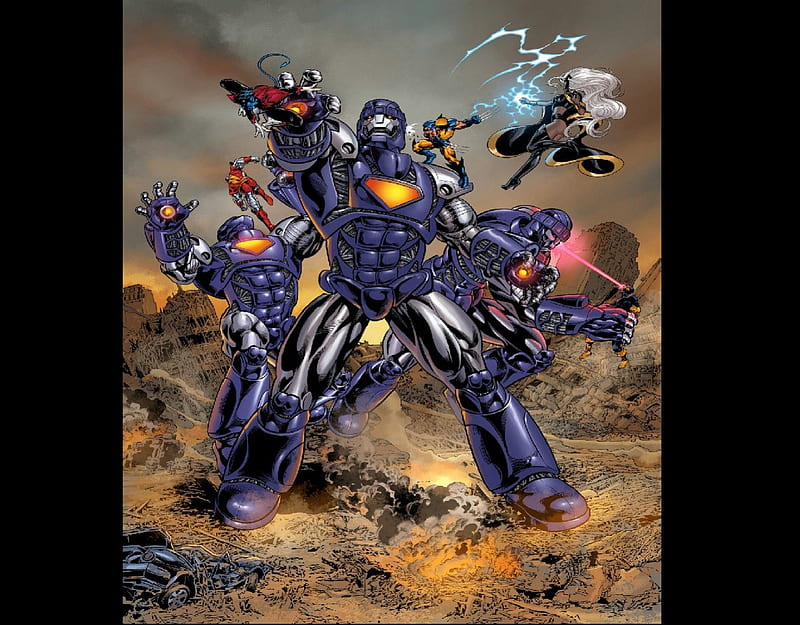 X-Men vs Sentinels, Colossus, Sentinels, Cyclops, Storm, Nightcrawler, Wolverine, HD wallpaper