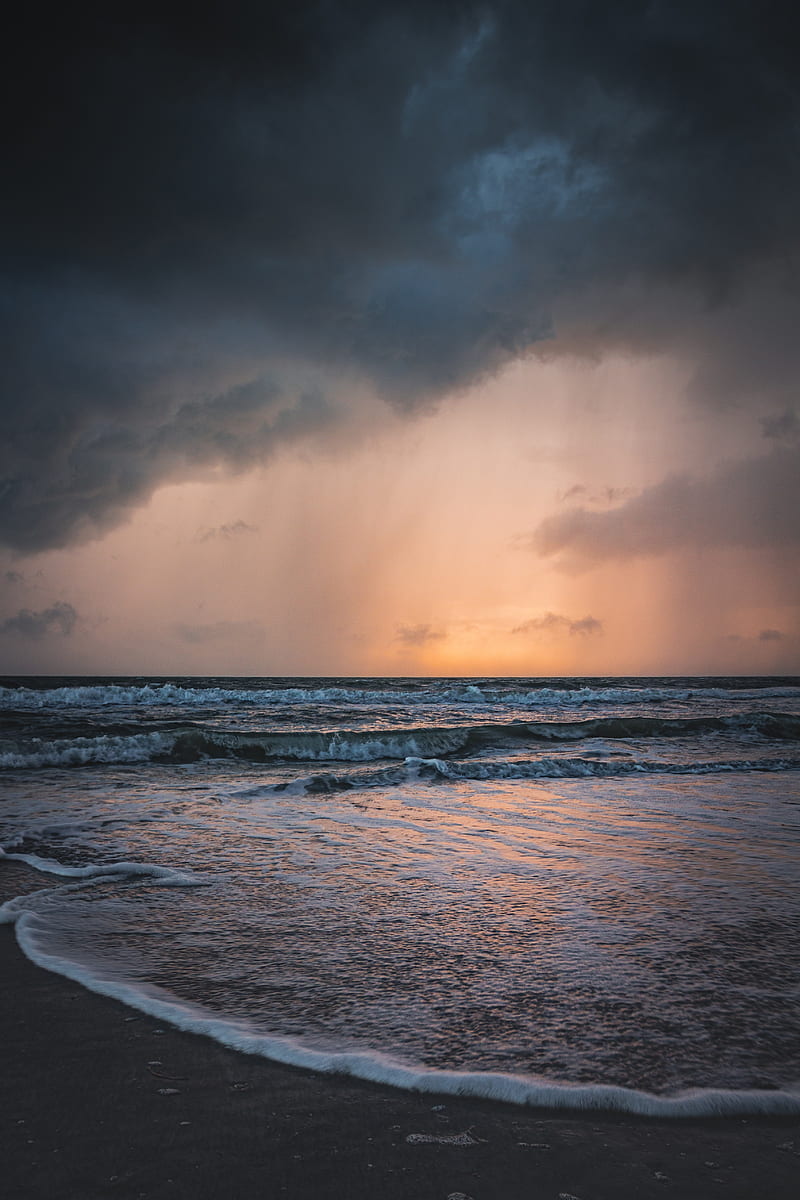 sea, sunset, clouds, waves, rain, HD phone wallpaper
