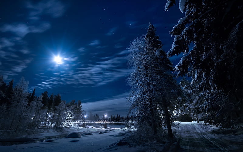 Luna snow, Sweden, Lappland, winter, moon, splendor, snow, bridge, River, The Lapland, landscape, night, HD wallpaper
