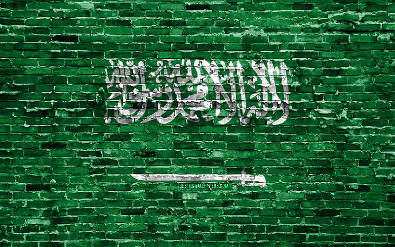 Saudi flag, bricks texture, Asia, national symbols, Flag of Saudi Arabia, brickwall, Saudi Arabia 3D flag, Asian countries, Saudi Arabia, HD wallpaper