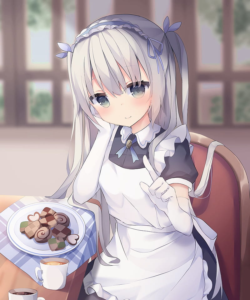 anime maid girl, white hair, gloves, desserts, apron, Anime, HD phone wallpaper