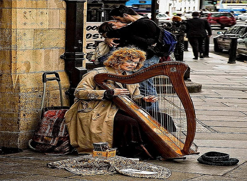 Diversity, alone, sadness, couple kissing, playing harp, joy, begging, HD wallpaper