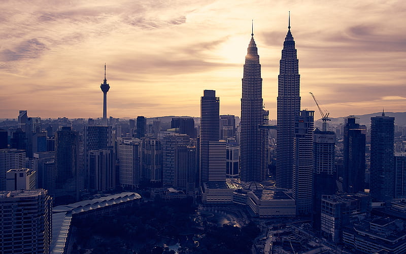 Petronas Towers, sunset, modern architecture, skyscrapers, Kuala Lumpur, Asia, Malaysia, HD wallpaper