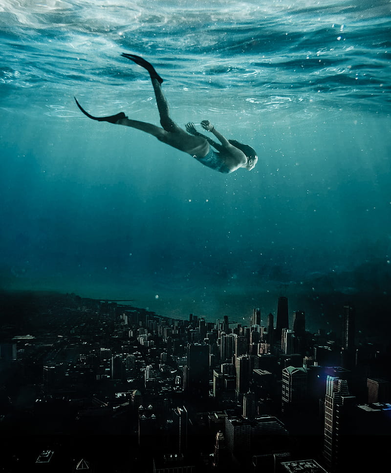Ocean, atlantis, city, diving, fish, girl, river, sea, underwater, water, HD phone wallpaper