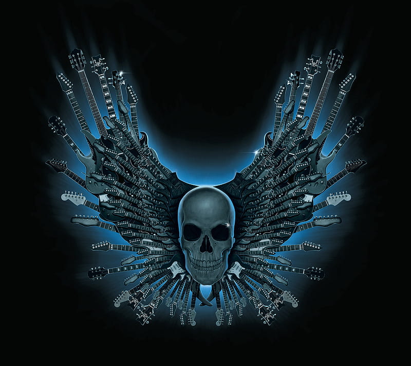 Skull Strings, axe, black, dark, death, evil, guitar, guitars, metal, skull, HD wallpaper