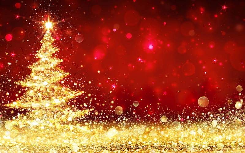 Red christmas background, Gold glitter christmas tree, Happy New Year, Christmas, golden background, HD wallpaper