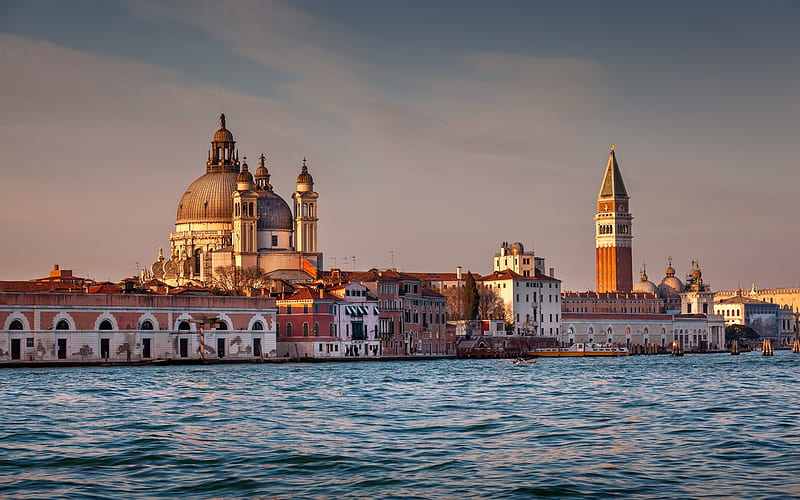 Santa Maria della Salute, sunset, Grand Canal, evening, italian landmarks, Dorsoduro, Venice, Italy, HD wallpaper