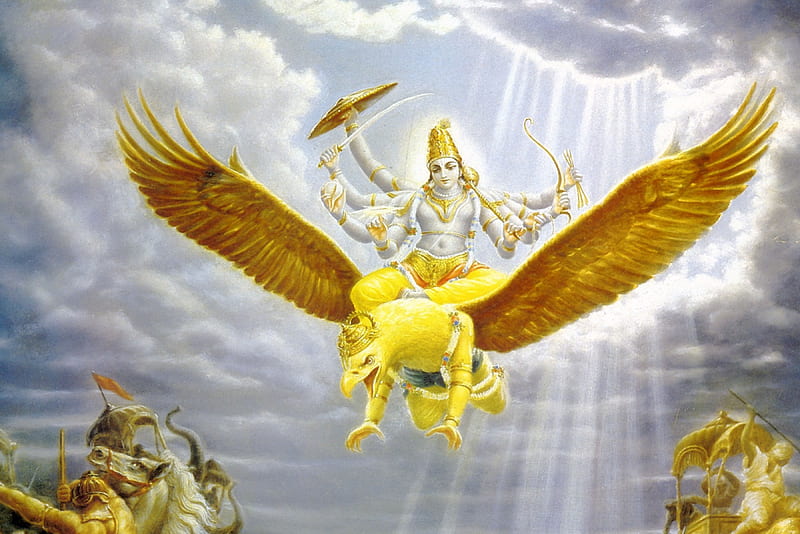 Vishnu on Garuda, sun, wings, yellow, clouds, blue, HD wallpaper