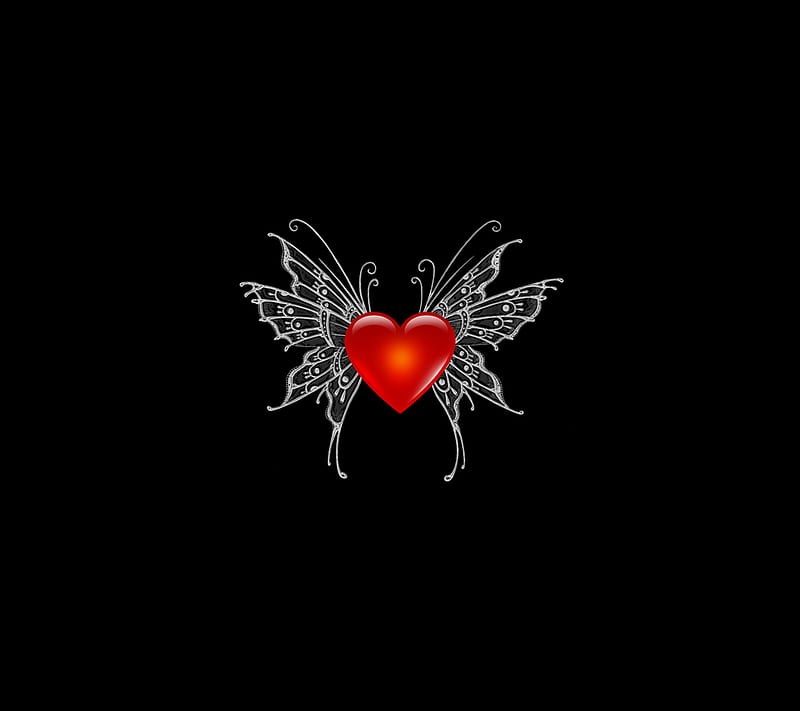 Silver Winged Heart, black, hear, red, wings, HD wallpaper