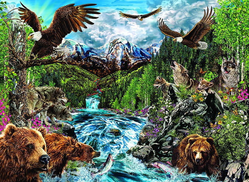 River of Life, eagles, raptors, artwork, predators, mountains, painting, bears, wolves, rivers, HD wallpaper