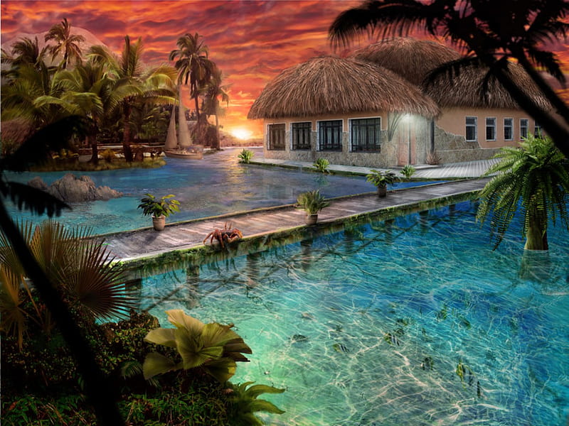 TROPICAL PARADISE, paradise, ocean, sunset, villa, sailboat, tropical, palm trees, HD wallpaper