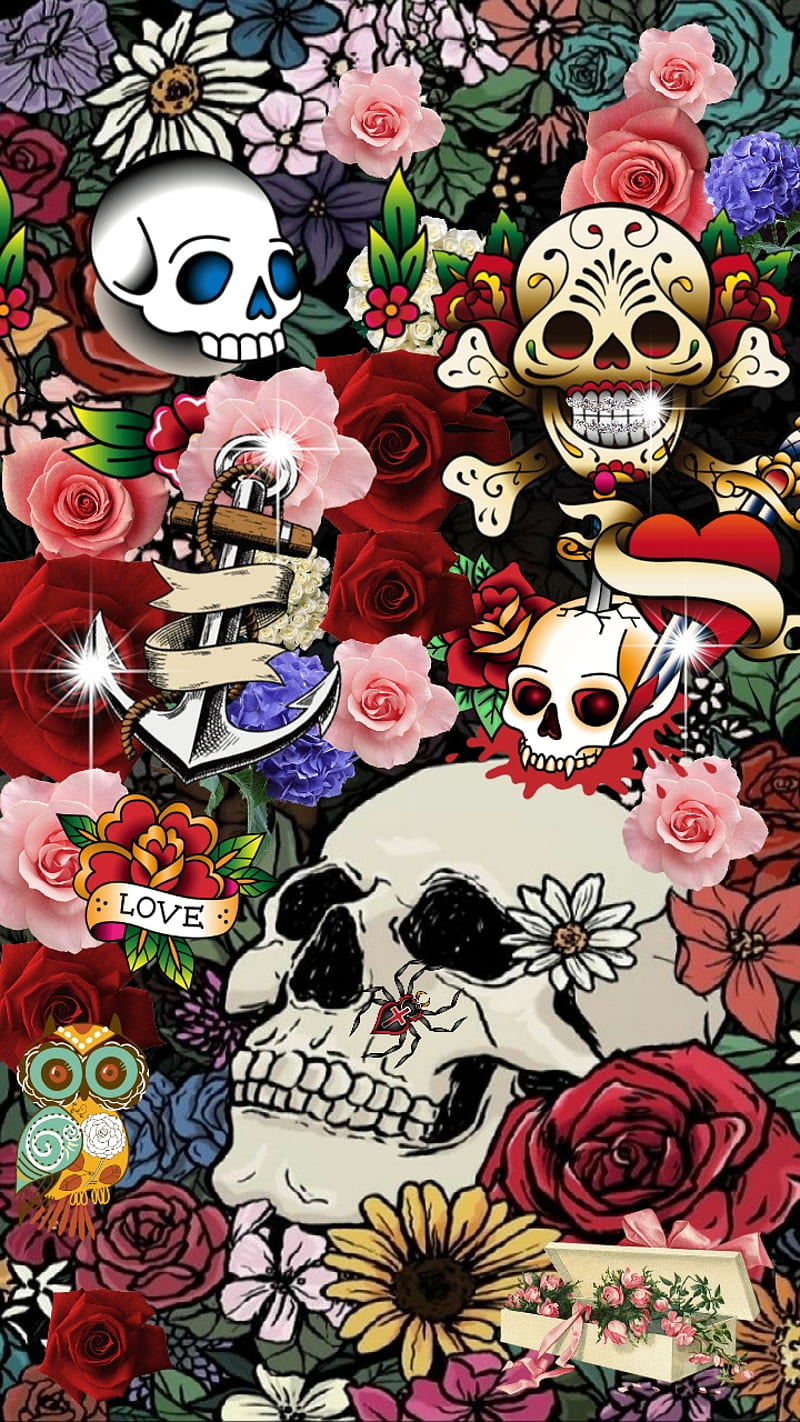 No Worries, colorful, dead, flowers, heart, love, roses, skull, sugar, sword, HD phone wallpaper