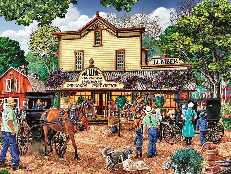 Pauline's General Store F1, architecture, art, general store, cityscape, equine, bonito, horse, artwork, people, painting, wide screen, scenery, dogs, HD wallpaper