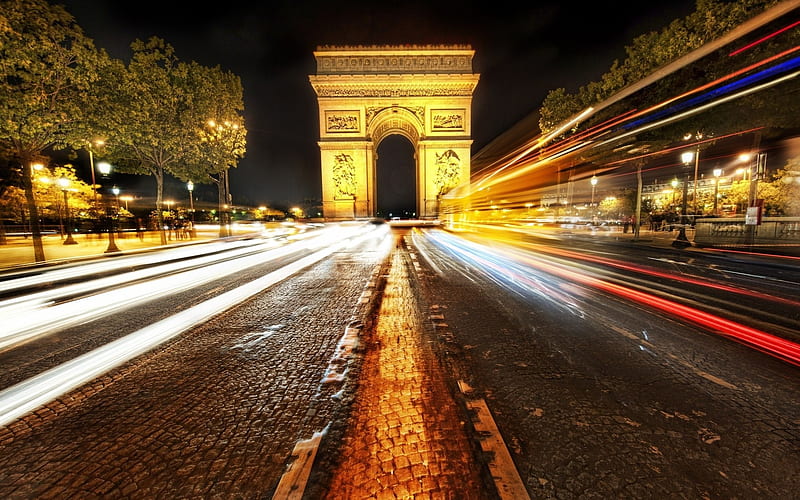 Arc de Triomphe, architecture, monuments, paris, bonito, lights, france, street, night, HD wallpaper
