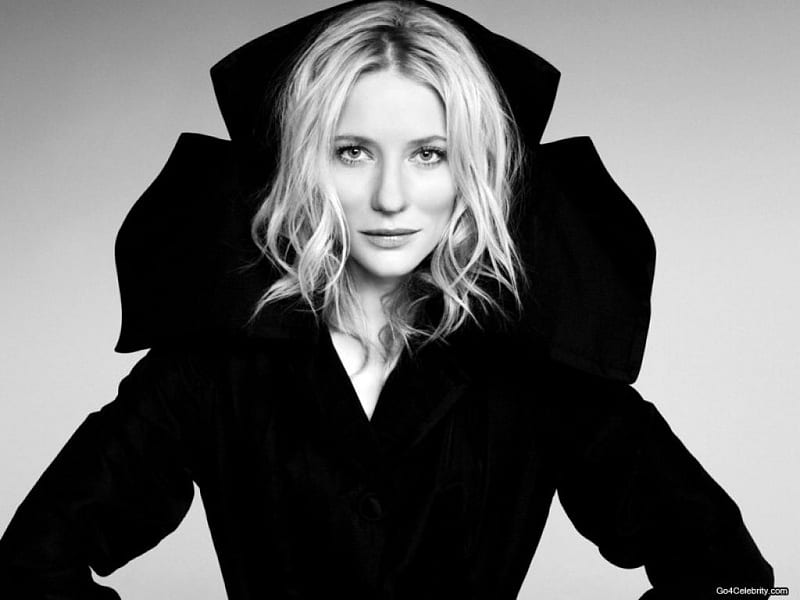 Cate Blanchett, great black and white pic, female, cute eyes, actress, blonde hair, pretty black dress, HD wallpaper