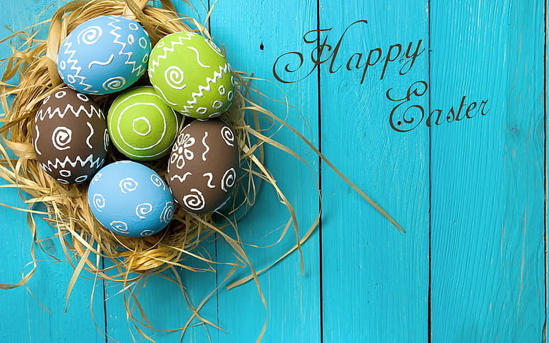Happy Easter, congratulation, spring, easter colored eggs, 2018, decoration, blue wooden background, HD wallpaper