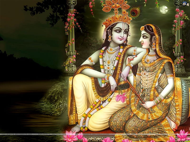lord Krishna, nighttime, sitting, pair, friends, HD wallpaper