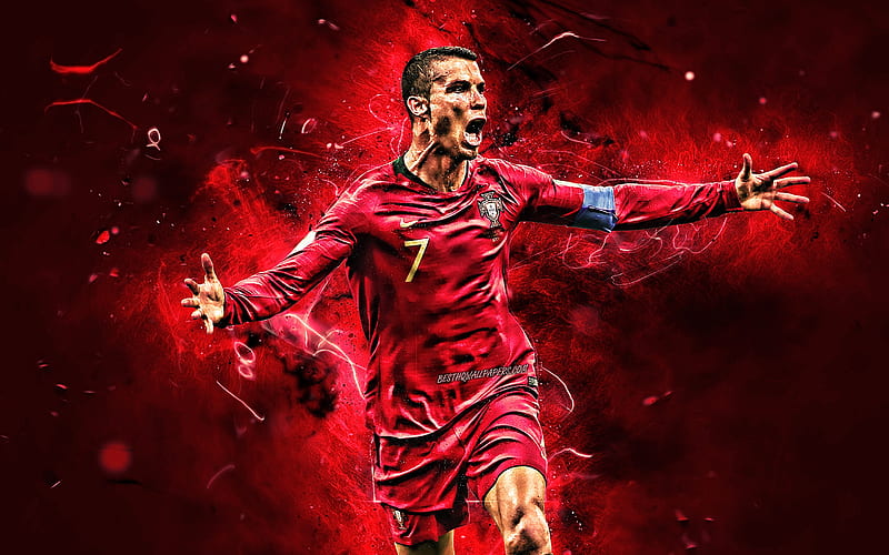 Cristiano Ronaldo, Portugal National Team, goal, soccer, CR7, neon lights, joy, Portuguese football team, HD wallpaper