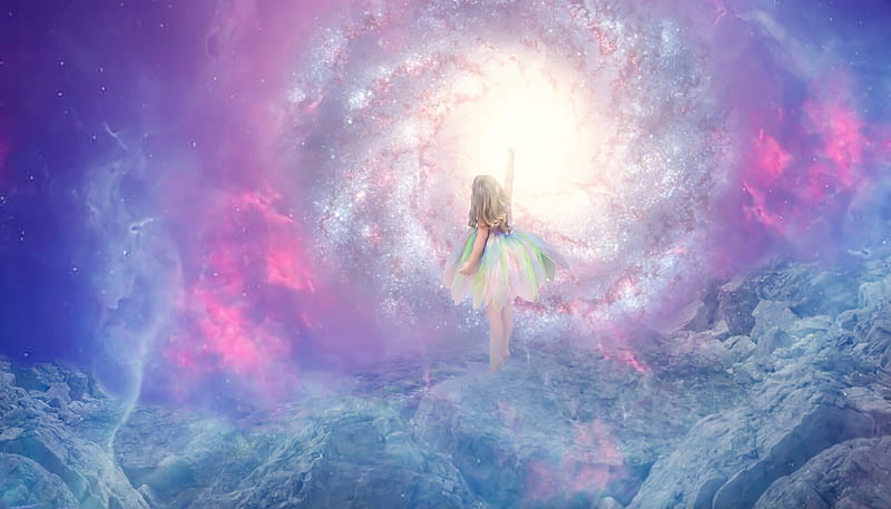 A kid in the dreamworld, kid, fantasy, ilkgul caylak, girl, copil, child, pink, blue, luminos, HD wallpaper A kid in the dreamworld, kid, fantasy, ilkgul caylak, girl, copil, child, pink, blue, luminos, HD wallpaper