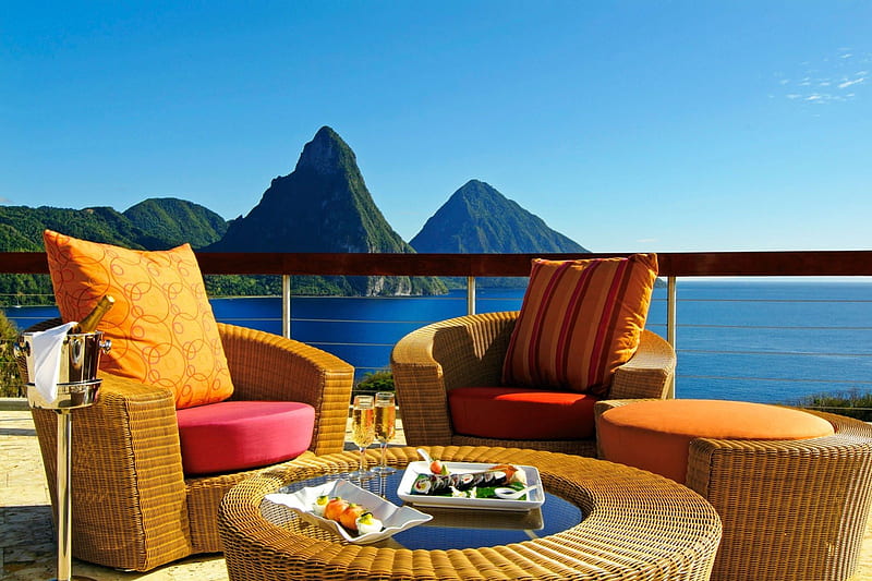 Sushi and View, resort, fish, sushi, villa, eat, st lucia, sea, lunch, dining, luxury, exotic, islands, view, holiday, ocean, table for two, caribbean, paradise, west indies, dine, island, tropical, HD wallpaper