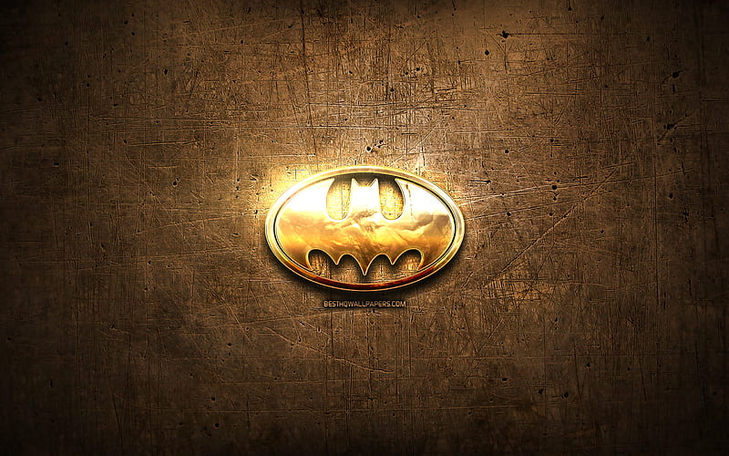 Batman golden logo, artwork, brown metal background, creative, Batman logo, superheroes, Batman, HD wallpaper