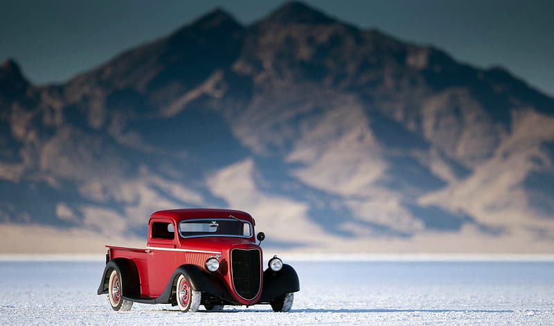 36_Ford_Pickup, Classic, Red, Salt Flats, Truck, HD wallpaper