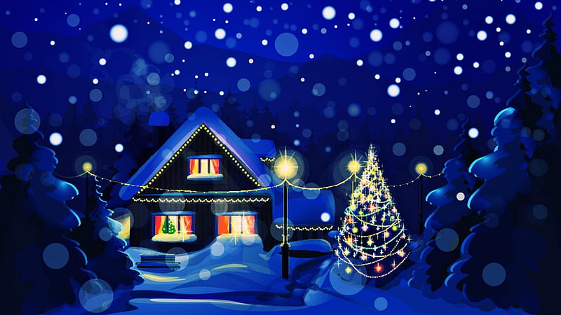 House And Decorated Christmas Tree In Blue Background Christmas, HD wallpaper