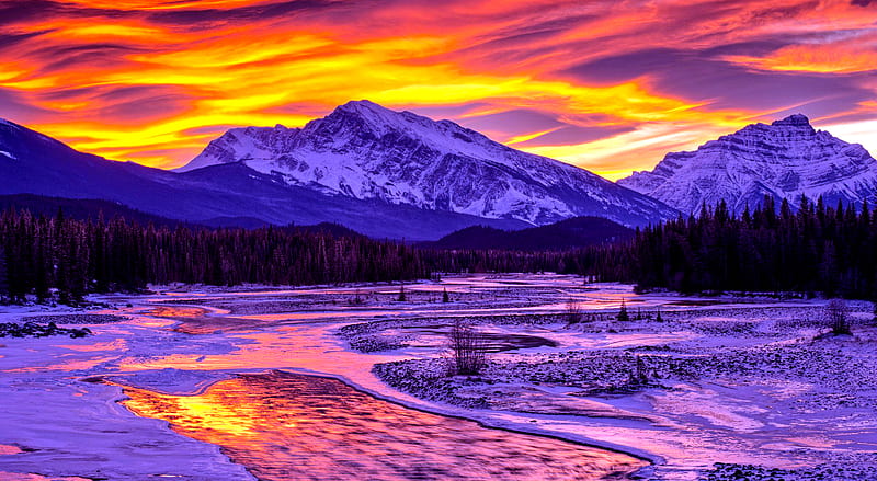 Winter Beautiful Sunset, red, pretty, sun, bonito, sunset, clouds, cold, stones, mounts, beauty, river, scenery, hill, pink, photgraphy, hills, forest, view, sky, trees, winter, water, purple, riverside, snow, mountains, nature, branches, landscape, HD wallpaper