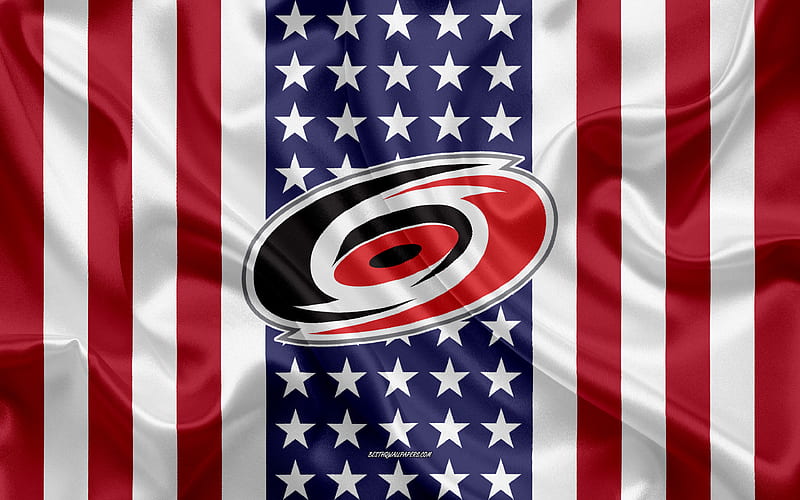 Carolina Hurricanes logo, emblem, silk texture, American flag, American hockey club, NHL, Raleigh, North Carolina, USA, National Hockey League, ice hockey, silk flag, HD wallpaper