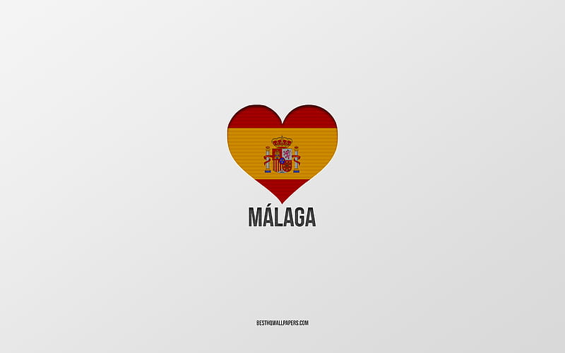 I Love Malaga, Spanish cities, gray background, Spanish flag heart, Malaga, Spain, favorite cities, Love Malaga, HD wallpaper