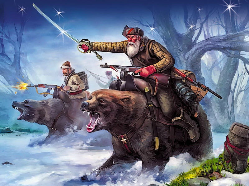 Bear cavalry, bear, fantasy, snow, cavalry, HD wallpaper