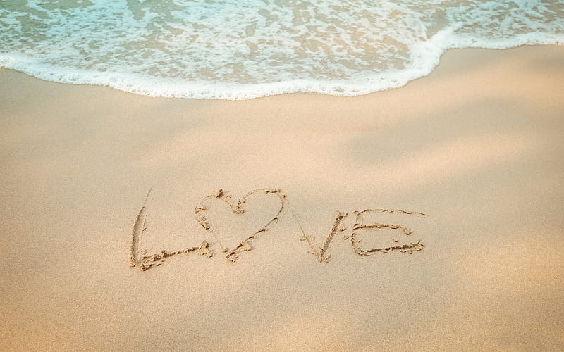 word love in the sand, beach, ocean, waves, sea breeze, love summer travel, summer, sea, HD wallpaper