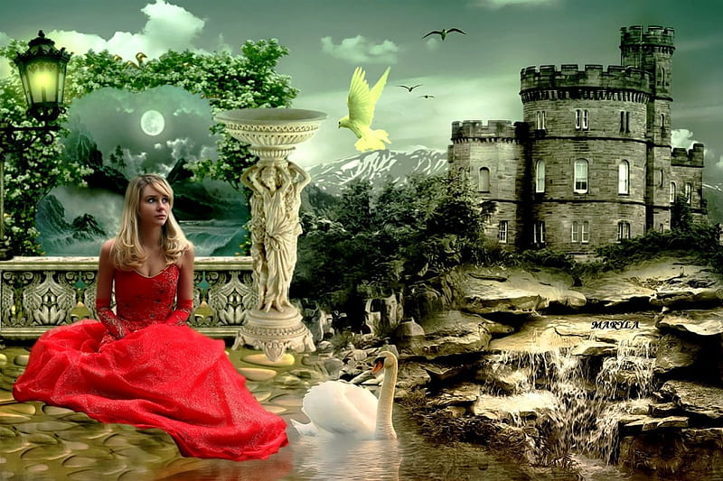 fantasy girl with bird, lantern, water gate, swan, clouds, mountain, fantasy, moon, wait, waterfall, flowers, evening, light, night, birds, blonde, sky, pigeon, girl, bird, castle, HD wallpaper