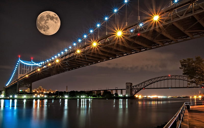Full Moon over the River, Moon, Bridge, Nature, River, HD wallpaper