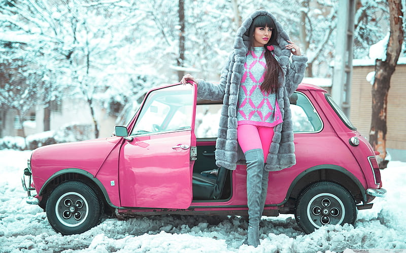 Beautiful Girl, Winter, Pink Retro Small Car Ultra Background for U TV : & UltraWide & Laptop : Tablet : Smartphone, Retro Snow, HD wallpaper