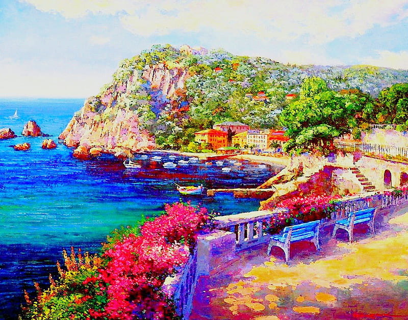 Costa Brava, art, boats, view, painting, coast, HD wallpaper