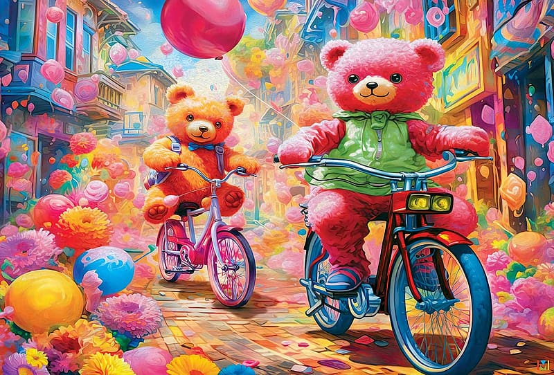 Teddy Bear Wonderland, flowers, motorcycles, street, digital, balloons, colors, houses, art, HD wallpaper