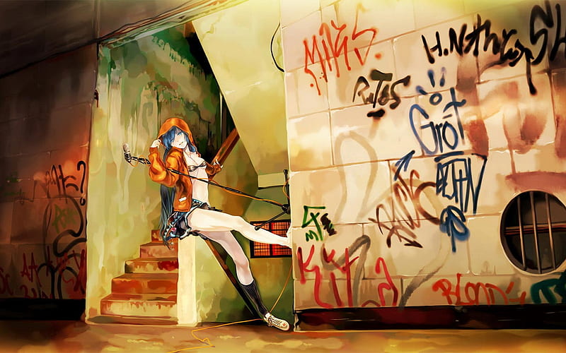 Graffiti karaoke, vocaloid, hood, art, orange, miku, graffiti, hatsune, song, karaoke, urban, HD wallpaper