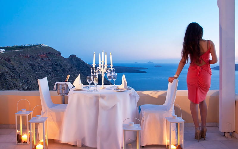 Santorini, dinner, table, dress, romantic, travel, bonito, sky, woman, romantic dinner, Greece, girl, beautiful woman, HD wallpaper
