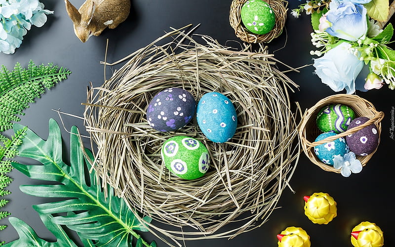 Happy Easter!, eggs, Easter, bunny, nest, baskets, HD wallpaper | Peakpx