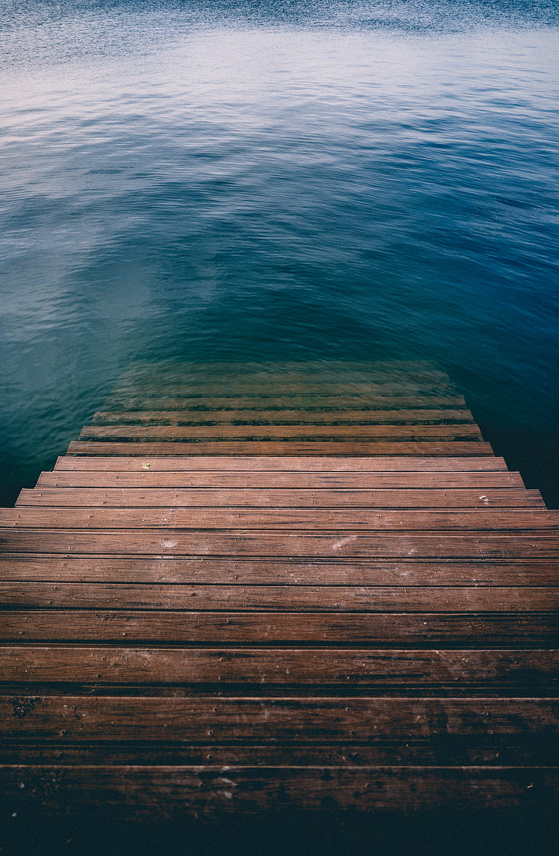 brown wooden stair on calm body of water, HD phone wallpaper