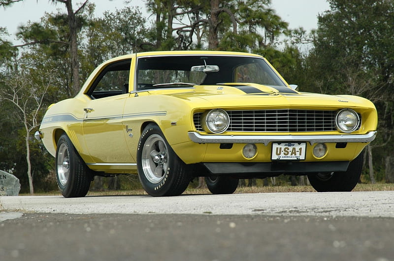 1969-Chevrolet-Yenko-Camaro, Classic, Yellow, Black Stripe, GM, HD wallpaper