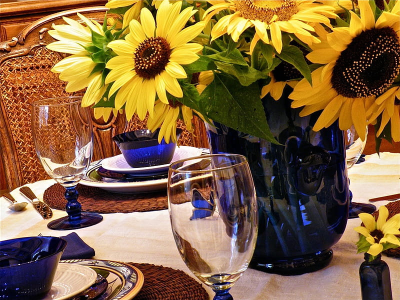 Cobalt and Sunflowers, cobalt, table, yellow, decor, sunflowers, warmth ...
