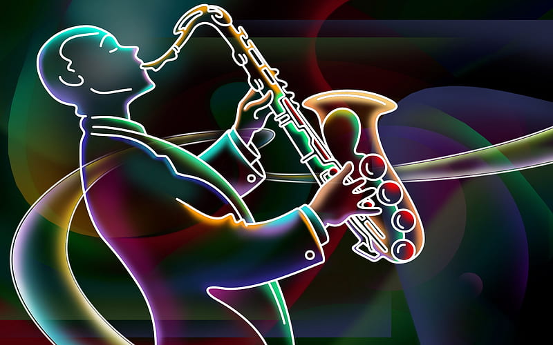3D neon colorful, colorful, music, neon, color, saxophone, player, HD wallpaper