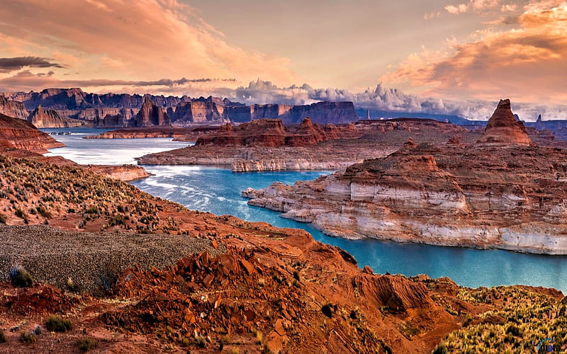 National Park Glen Canyon, Lake Powell, Arizona, USA, Canyon, Sky, Nature, River, HD wallpaper