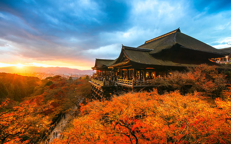 Kiyomizudera Temple japanese landmarks, autumn, sunset, Kyoto, japan, HD wallpaper