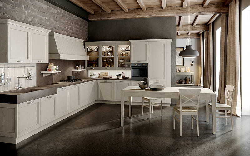 loft style kitchen, modern interior design, stylish interior, wooden ceiling, gray brick wall in the kitchen, loft style, HD wallpaper