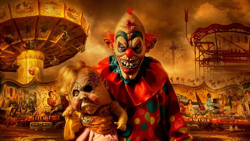 Funfair Clown, scary, colors, clown, carousel, art, HD wallpaper