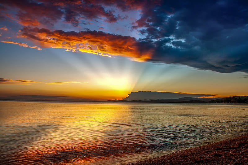 sunset, horizon, reflection, clouds, ripples, Nature, HD wallpaper